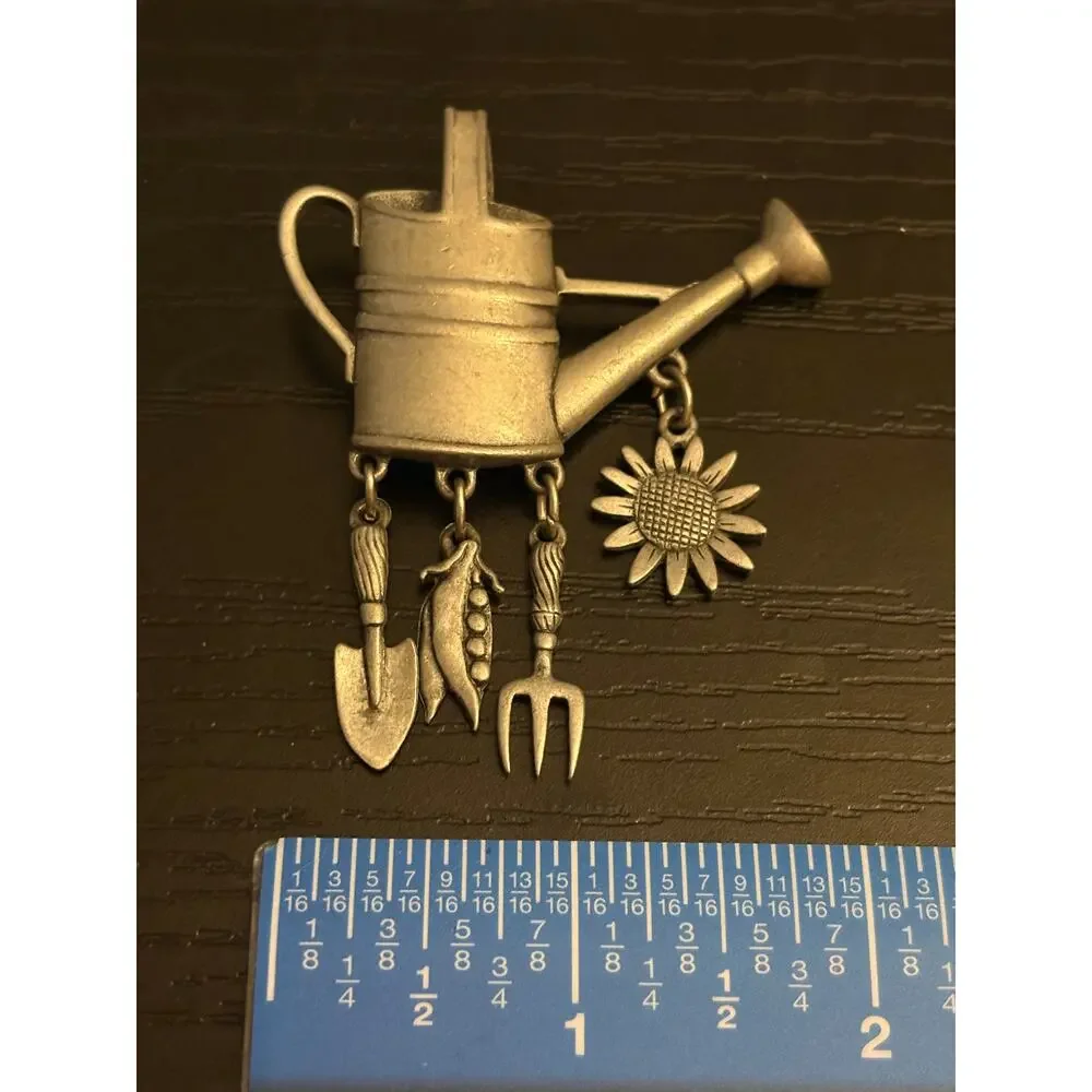 JJ Jonette Pewter Watering Can Brooch Garden Charm Dangles
